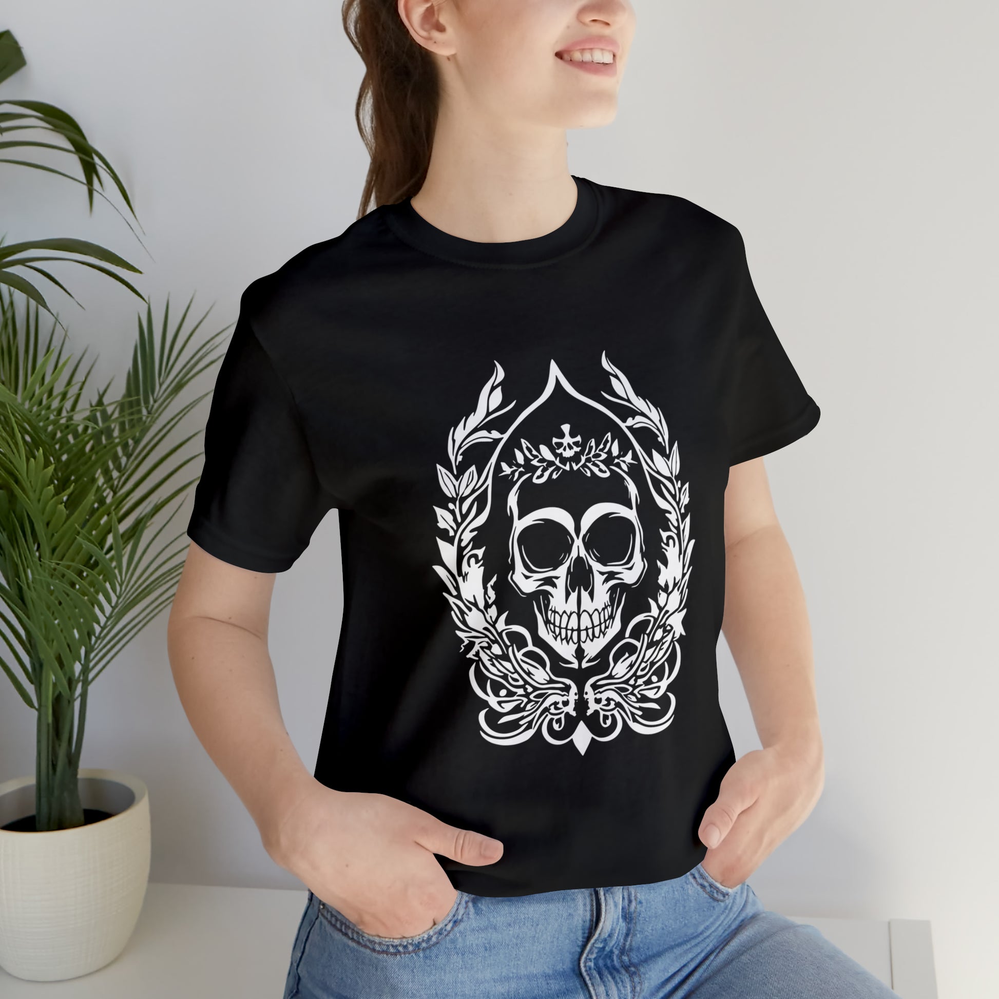 Goth Skull and Leaves - Cotton Unisex T-Shirt - Tegusuk Store - Goth Woman Model