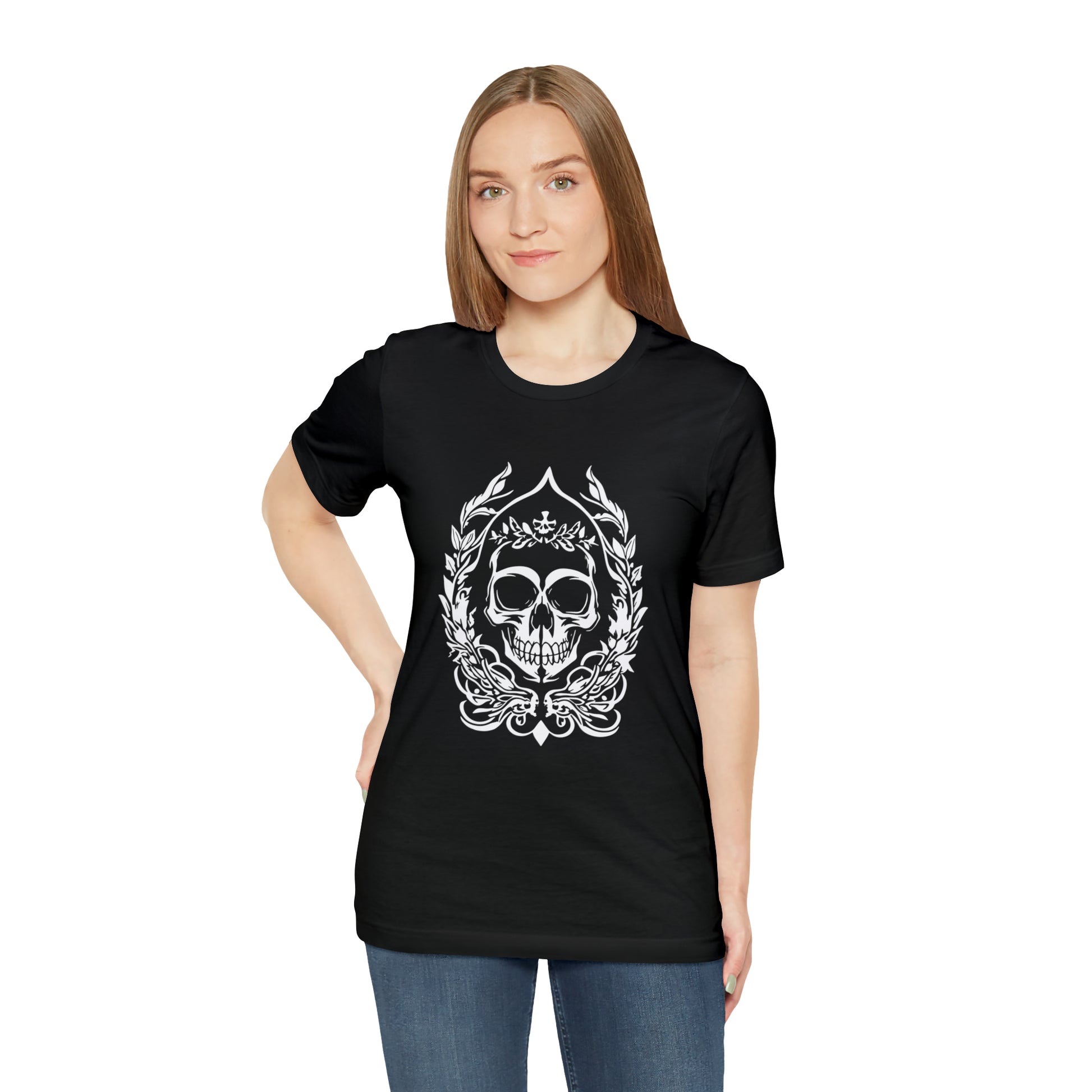 Goth Skull and Leaves - Cotton Unisex T-Shirt - Tegusuk Store - Goth Blonde Woman