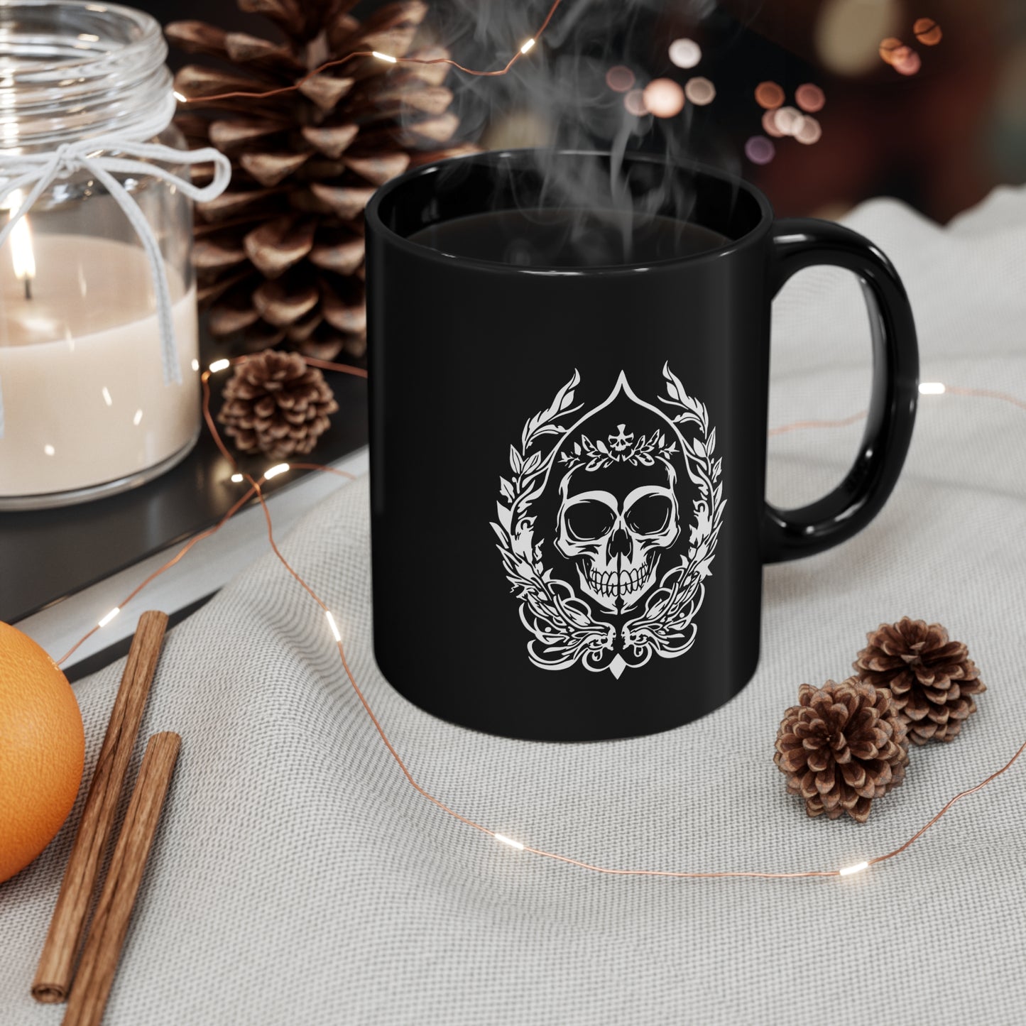 Goth Skull and Leaves - 11oz Black Gothic Cup - Tegusuk Store